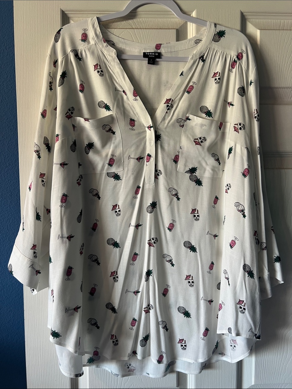 torrid White Harper Blouse with Pink & Green Tropical Halloween Print